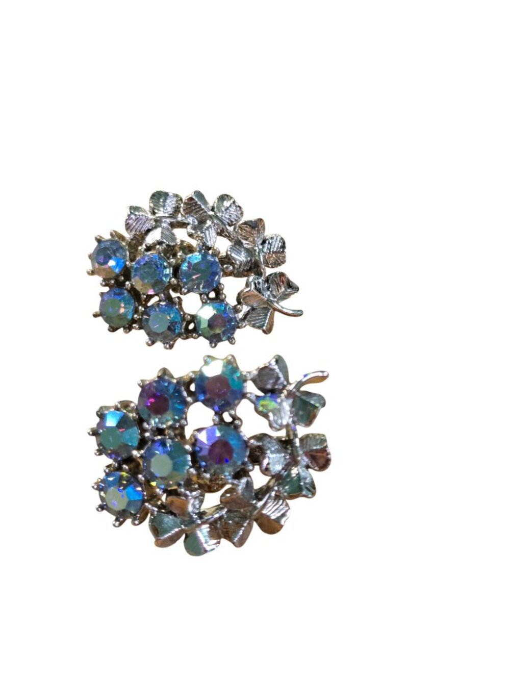 Vintage Mid Century Austrian Crystal Aurora Borealis Cluster Floral Silvertone